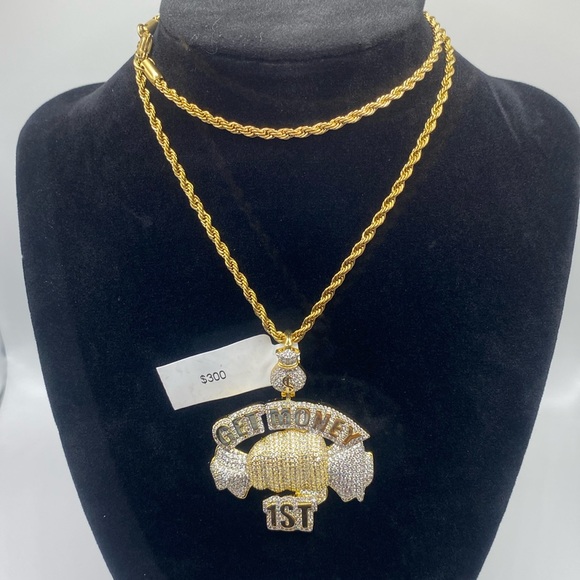 Get Money 1st | 14k Gold Two-Tone | High End CZ Pendant w 22’ Gold Rope Chain - Picture 3 of 6